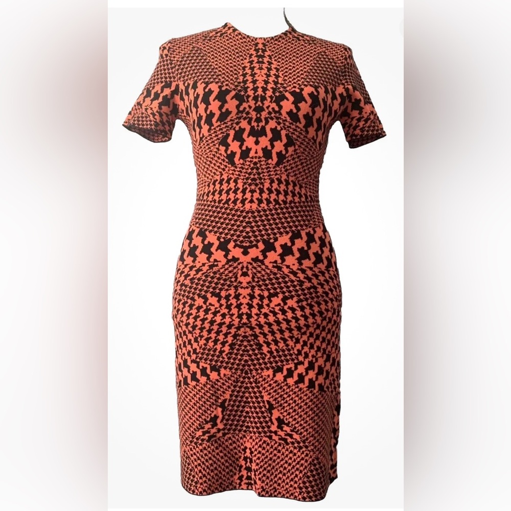 Alexander Mcqueen Optical Houndstooth Print Knit Dress Orange/black Size M.